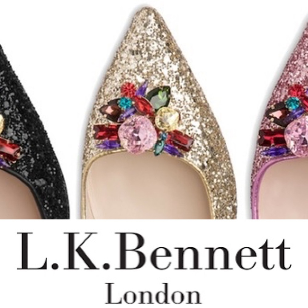 L.K. BENNETT. Gold Glitter & Crystal Kitten Heels!